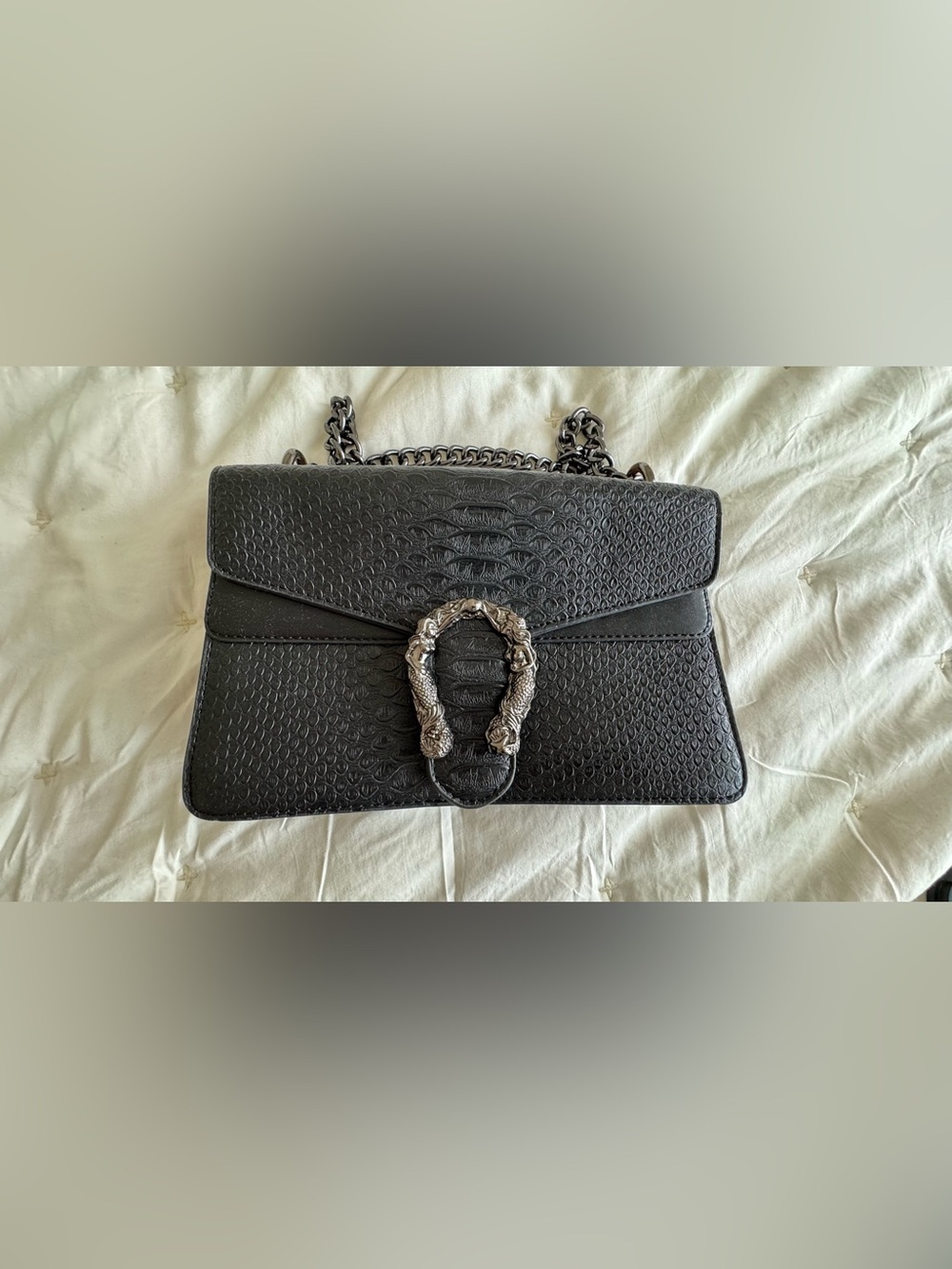 Black Textured Shoulder Bag with Silver Hardware